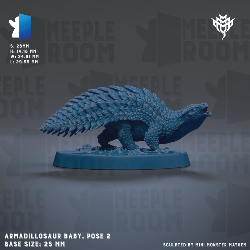 a blue armored dinosaur, specifically an Armadillo Baby, posed on a blue base. The base size is 25mm. The image is a sculpture of the armored dinosaur, and it is presented in a collage format.