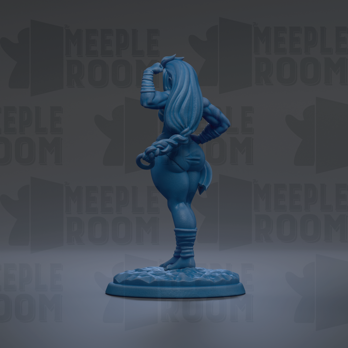 A blue figurine of a woman with long hair and a chain around her waist, standing on a base.