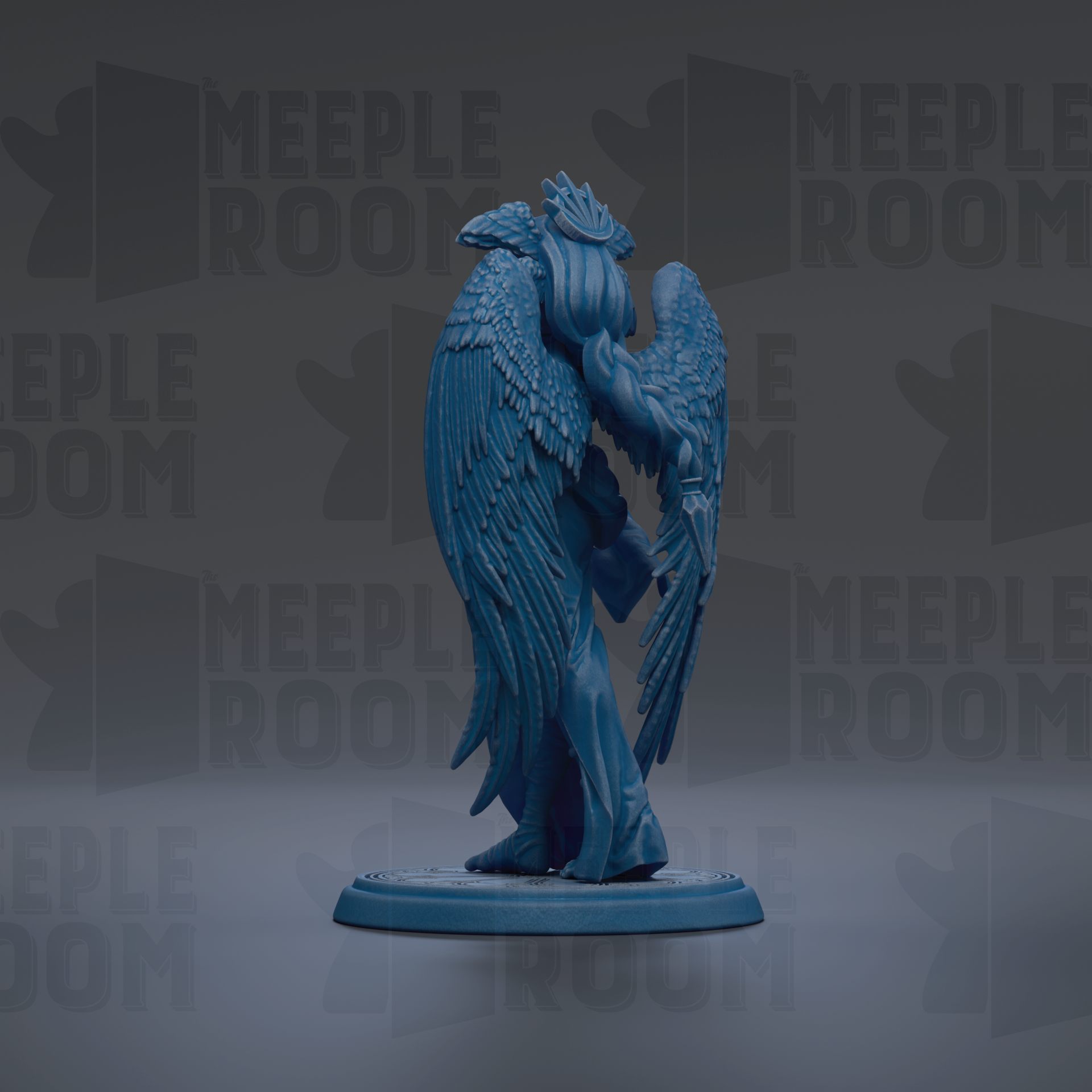 A blue, winged figurine stands on a blue base against a dark background with repeated text.