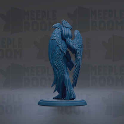 A blue, winged figurine stands on a blue base against a dark background with repeated text.