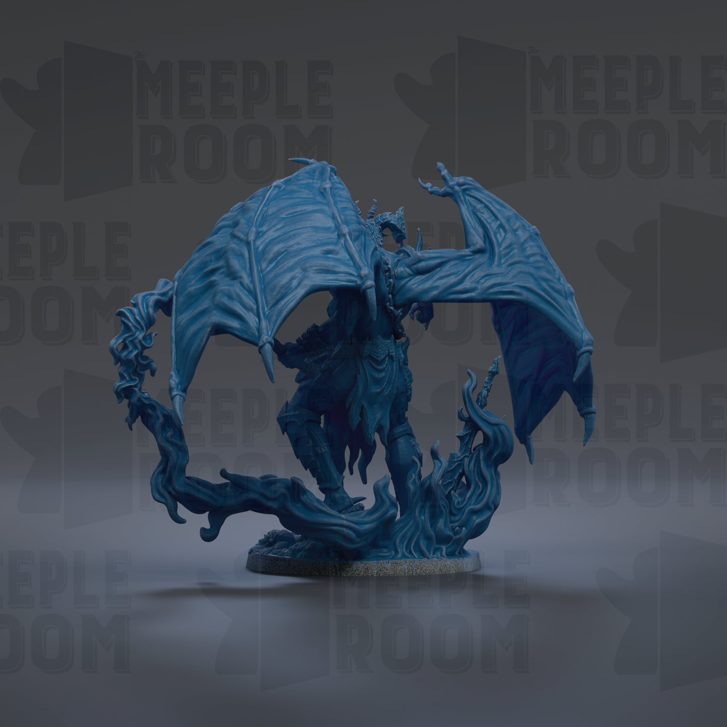 A blue dragon figurine with wings spread wide, standing on a base and appearing to be in motion.