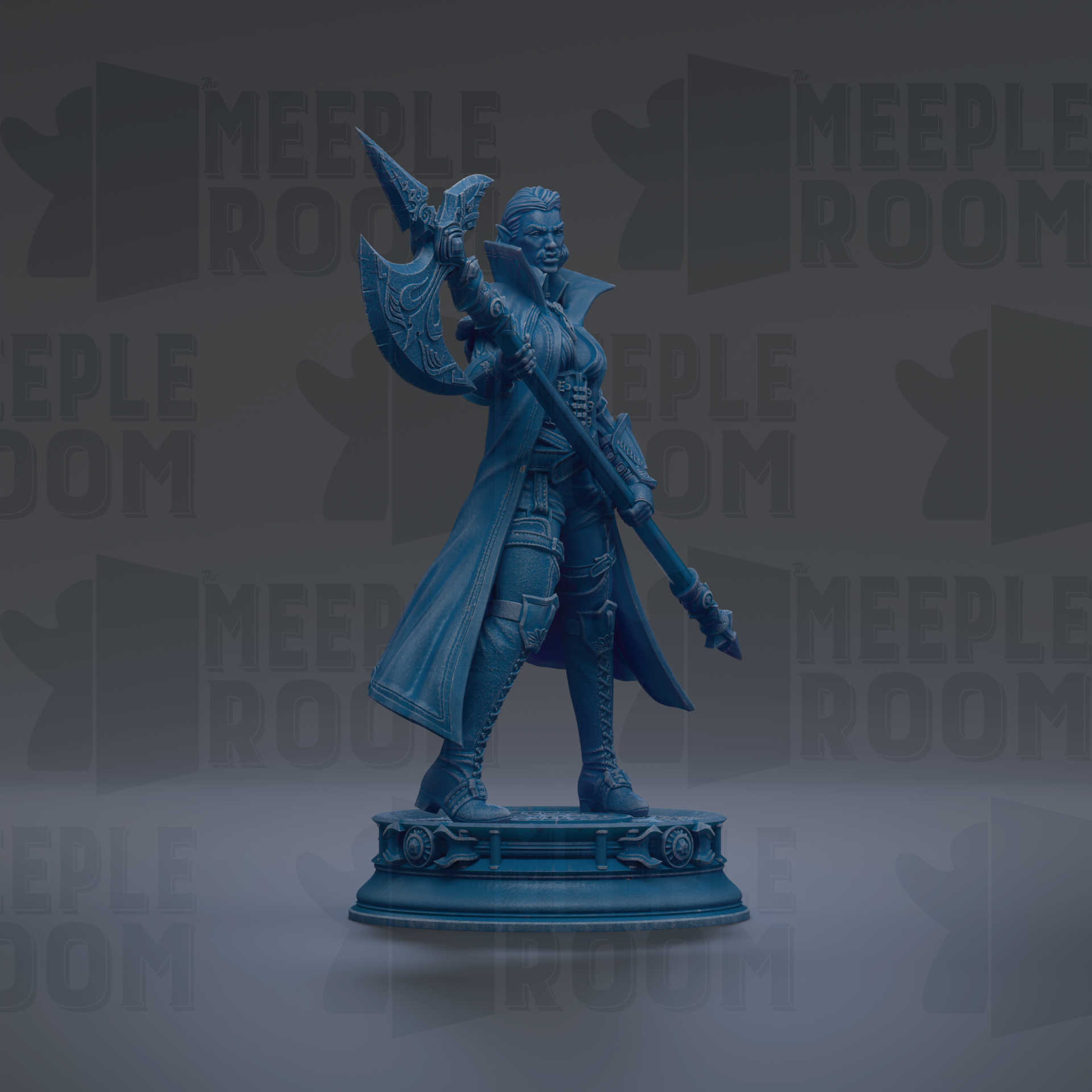 A blue statue of a woman holding a large weapon, standing on a pedestal against a dark background with repeated text.