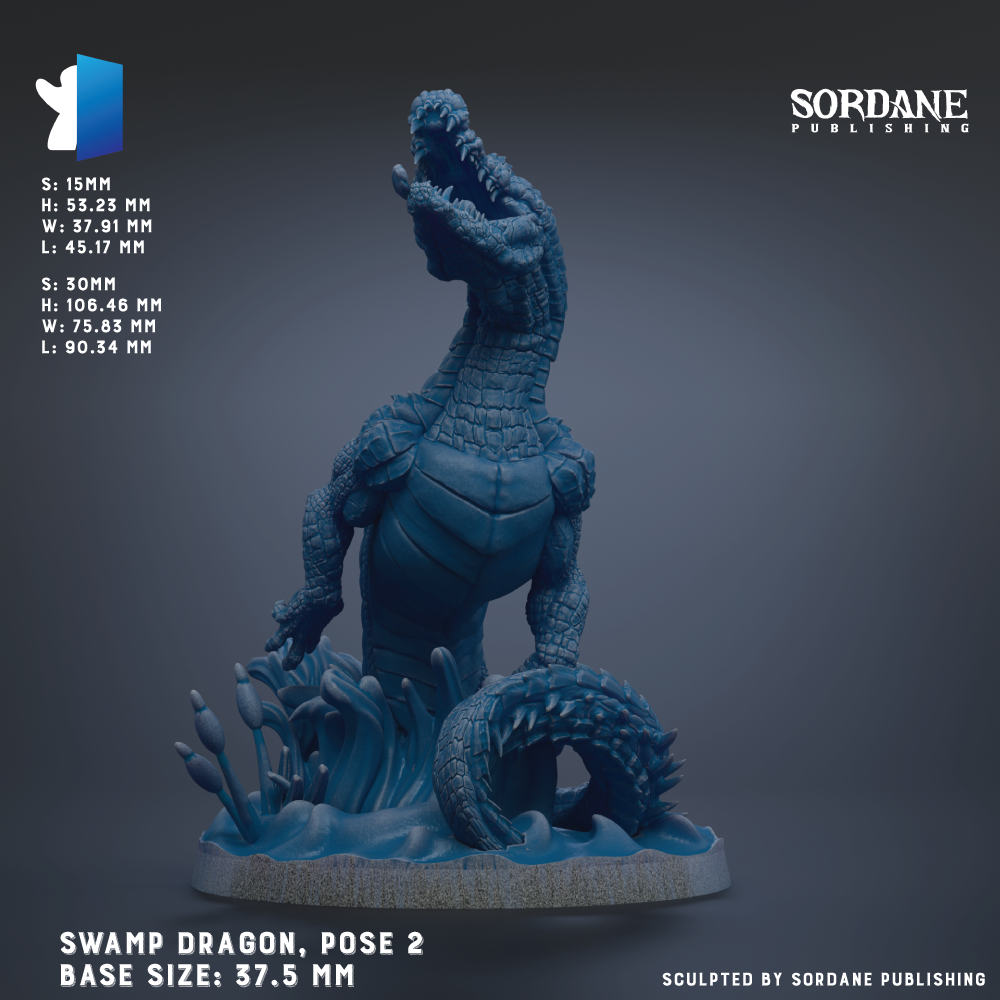 a blue, 3D-rendered swamp dragon pose 2 figurine. The dragon is shown in a dynamic pose, with its mouth open and surrounded by splashing water. The base size of the figurine is 37.5 mm. The image is published by Sordane Publishing.