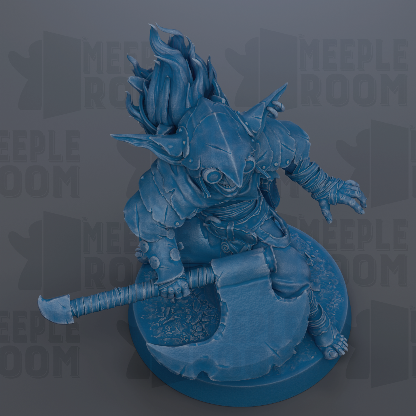 A blue, 3D-rendered fantasy character with a large weapon, possibly a sword or axe, and a distinctive hairstyle.