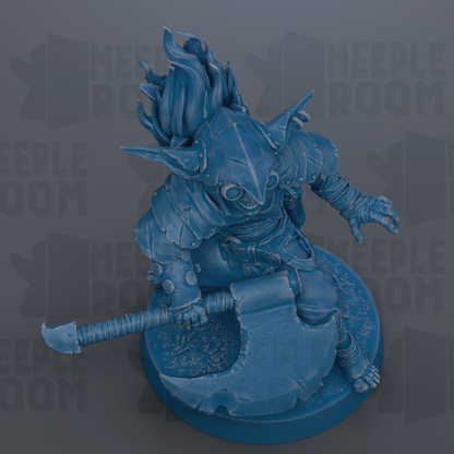 A blue, 3D-rendered fantasy character with a large weapon, possibly a sword or axe, and a distinctive hairstyle.