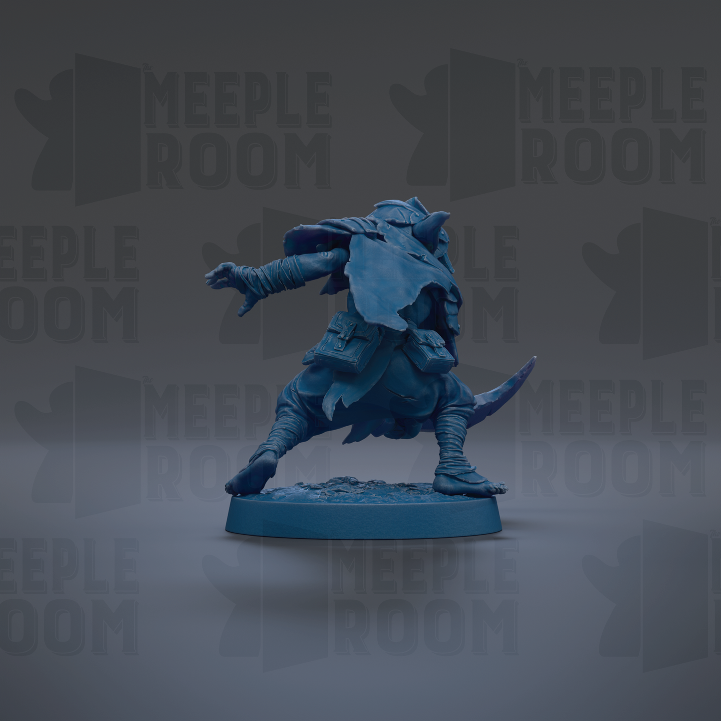 A blue figurine of a warrior-like character with a sword and shield, standing on a blue base against a dark background with repeated text.
