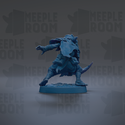 A blue figurine of a warrior-like character with a sword and shield, standing on a blue base against a dark background with repeated text.
