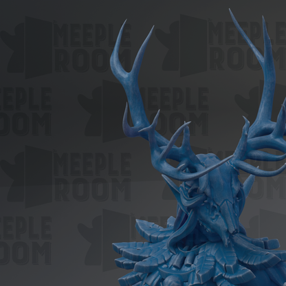A blue sculpture of a deer head with antlers, set against a dark background with repeated text.
