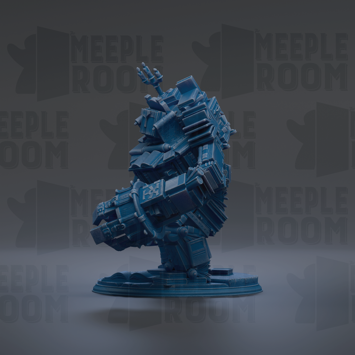 A 3D rendering of a blue, mechanical figure with various geometric shapes and components, standing on a platform.