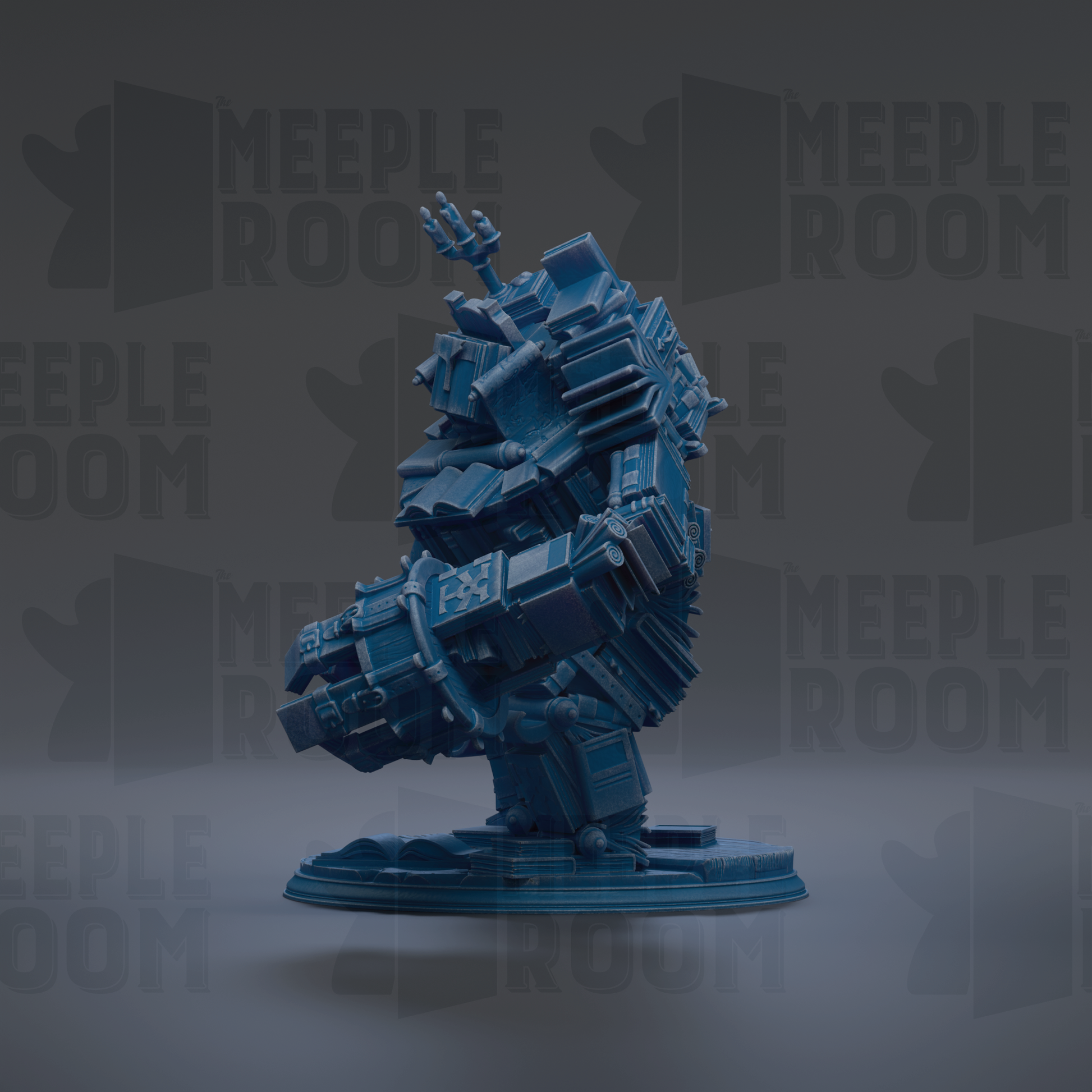 A 3D rendering of a blue, mechanical figure with various geometric shapes and components, standing on a platform.