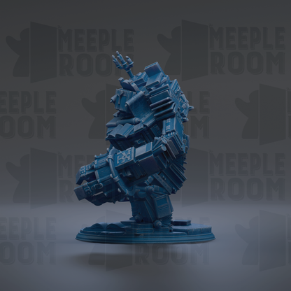 A 3D rendering of a blue, mechanical figure with various geometric shapes and components, standing on a platform.