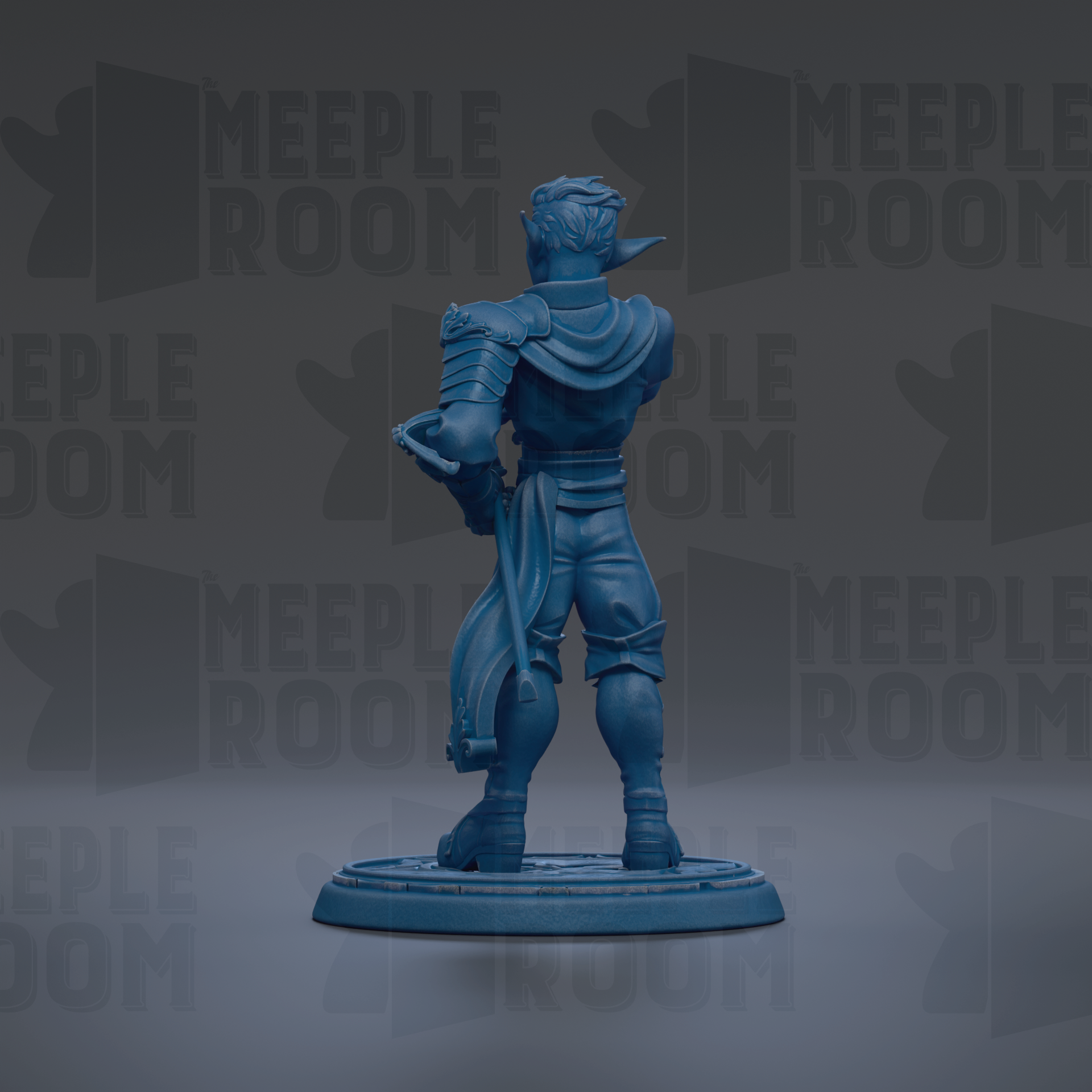 A blue figurine of a person standing on a platform, facing away from the camera.