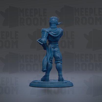 A blue figurine of a person standing on a platform, facing away from the camera.