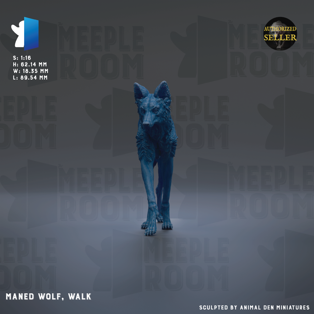 a blue wolf statue, specifically Maned Wolf, walking in a room with the text "MEIPLE ROOM" repeated across the background.