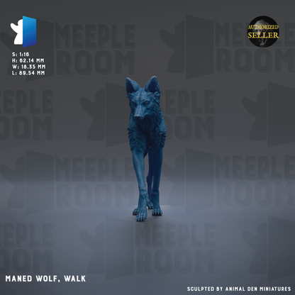 a blue wolf statue, specifically Maned Wolf, walking in a room with the text "MEIPLE ROOM" repeated across the background.
