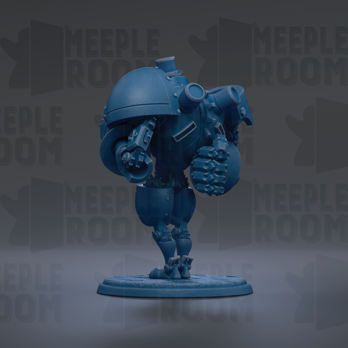 A blue, mechanical toy figure with a dome-shaped head and various mechanical components, standing on a platform.