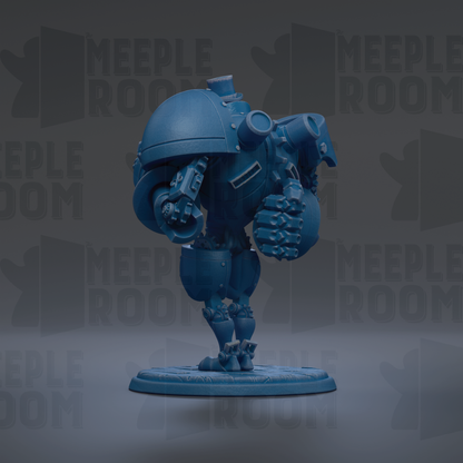 A blue, mechanical toy figure with a dome-shaped head and various mechanical components, standing on a platform.