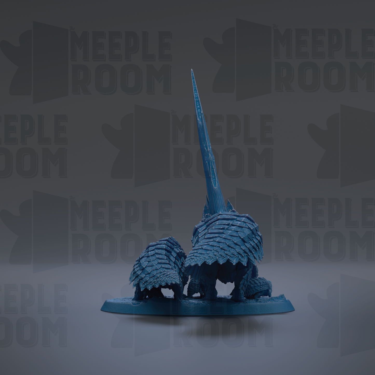 A blue figurine of a dragon-like creature with a long, pointed tail is displayed against a dark background with repeated text.