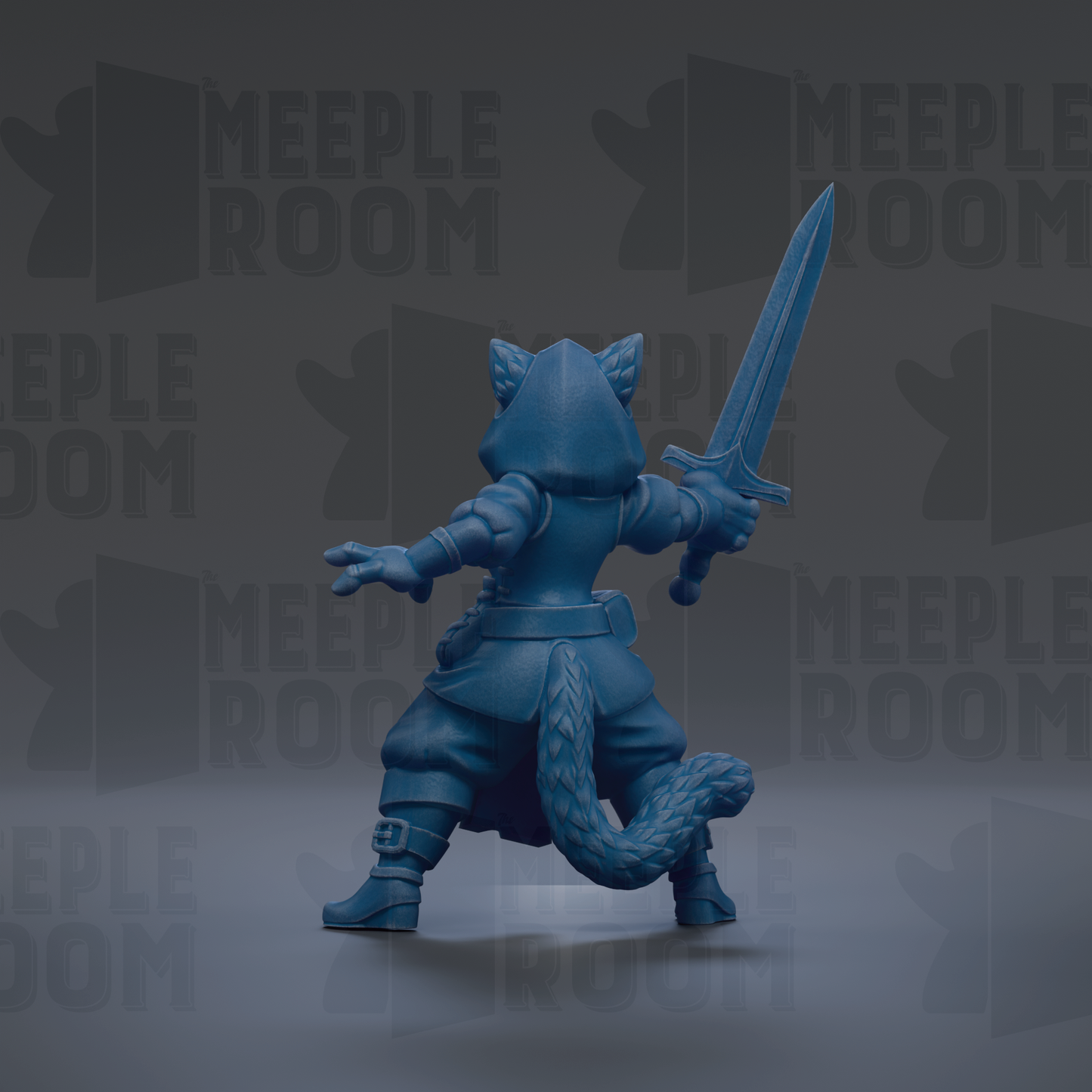 A blue 3D model of a cat-like creature holding a sword and standing in a fighting stance.