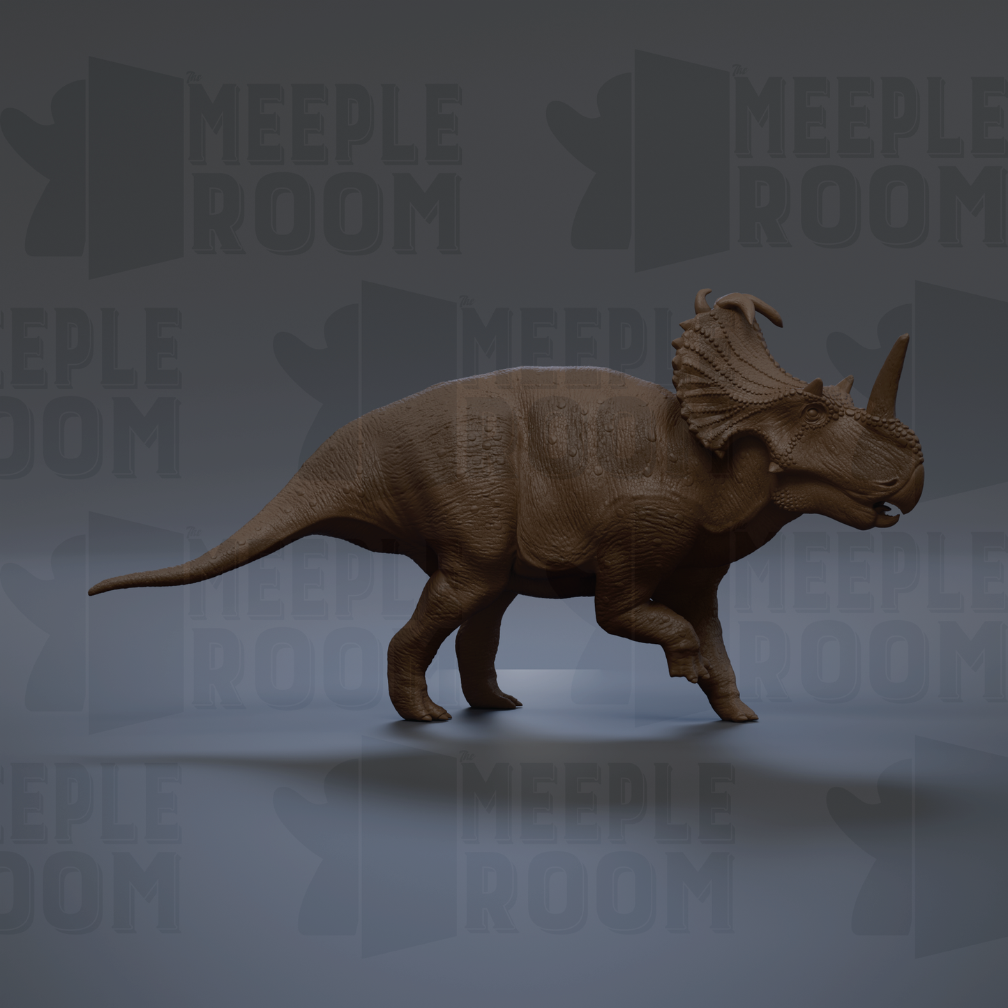 A 3D rendering of a Triceratops dinosaur, with its distinctive conical shell and long neck, is shown against a dark background with repeated text.