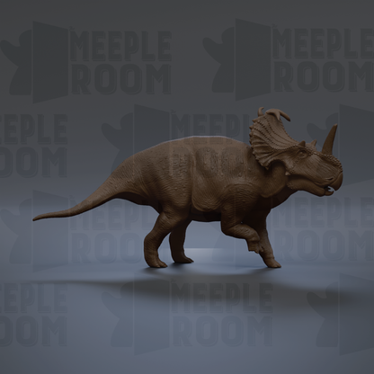 A 3D rendering of a Triceratops dinosaur, with its distinctive conical shell and long neck, is shown against a dark background with repeated text.