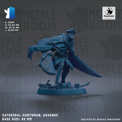 The image is a detailed model of a Cathedral Huntsman character, with the character's arms outstretched and a sword in hand. The character is standing on a base that measures 32mm in height and 40mm in width. The image is a sculpture, and it is described as a "base size: 32mm" and "sculpted by Rescue miniatures".