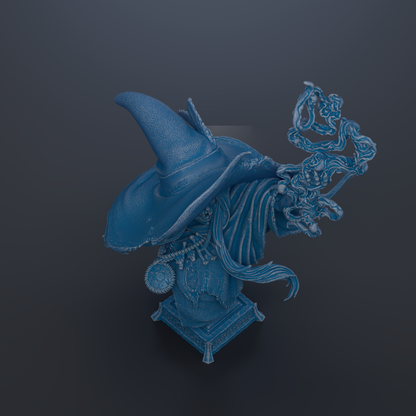 A blue, fantastical statue of a wizard or magical being with a pointed hat and flowing robes, set against a dark background.