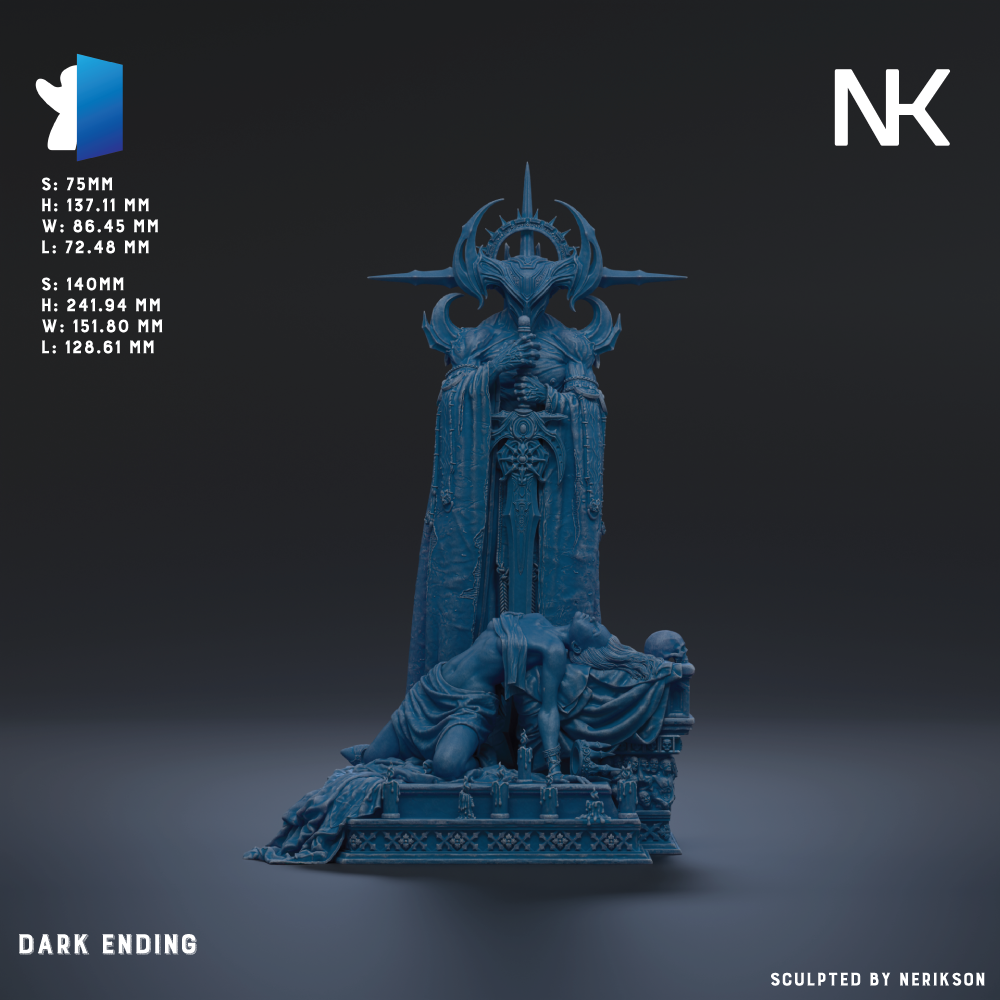 The image is a 3D rendering of a dark, ominous statue depicting a figure with a crown and a sword, set against a dark background.