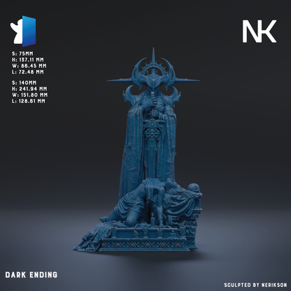 The image is a 3D rendering of a dark, ominous statue depicting a figure with a crown and a sword, set against a dark background.