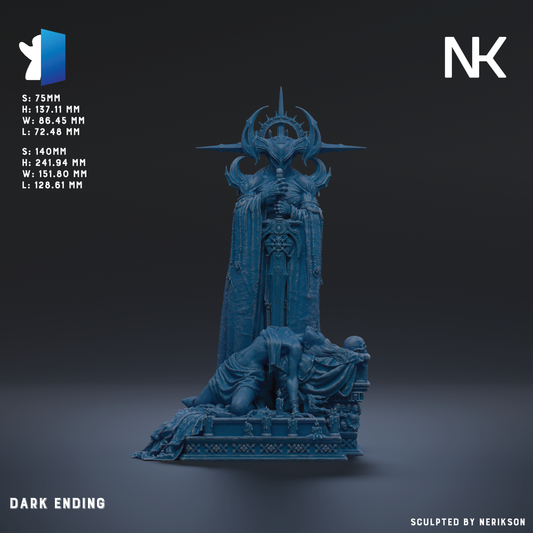 The image is a 3D rendering of a dark, ominous statue depicting a figure with a crown and a sword, set against a dark background.