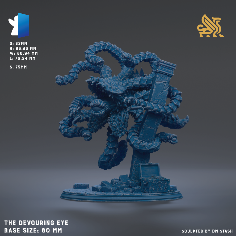 a large, intricate blue figurine of a creature with a devouring eye, standing on a base. The figurine is described as a base size of 60 millimeters, and it is sculpted by DM Stash.