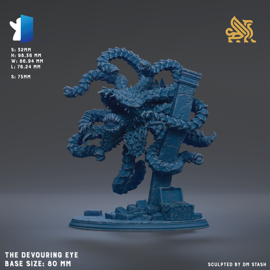 a large, intricate blue figurine of a creature with a devouring eye, standing on a base. The figurine is described as a base size of 60 millimeters, and it is sculpted by DM Stash.