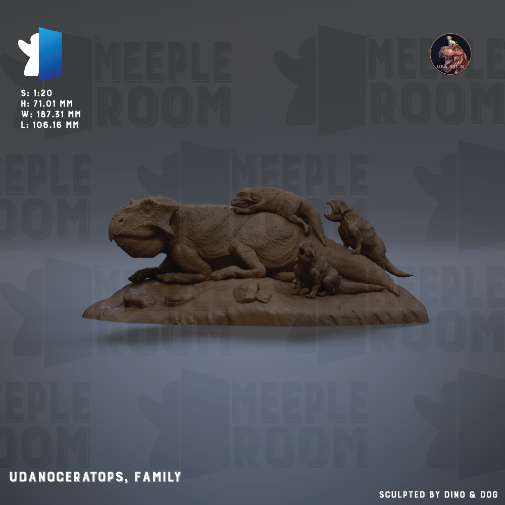The image is a 3D model of a dinosaur family, specifically the Udanoceratops family, which includes a large dinosaur and its offspring. The model is displayed against a dark background with the text "MEUPLE ROOM" repeated multiple times. The image is described as a 3D model of the Udanoceratops family, and it is sculpted by a dinosaur and a dog.