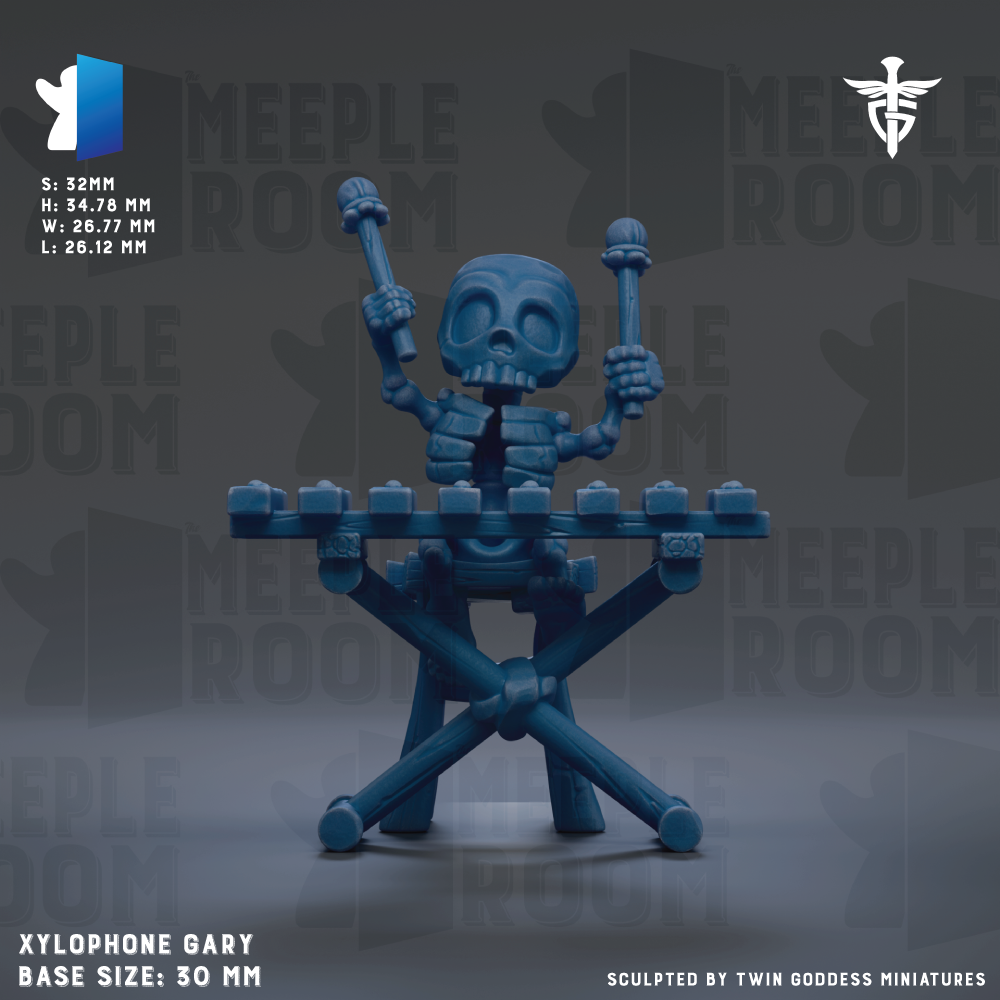 A blue 3D model of a skeleton playing a musical instrument, likely a xylophone, with the text "MEELPOOL ROOM" and "MEELPOOL ROOM" repeated in the background.