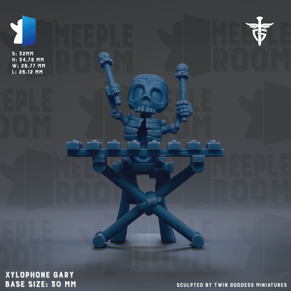 A blue 3D model of a skeleton playing a musical instrument, likely a xylophone, with the text "MEELPOOL ROOM" and "MEELPOOL ROOM" repeated in the background.