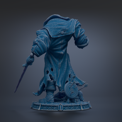 A 3D rendering of a blue-colored statue depicting a figure with a sword and shield, standing on a platform.