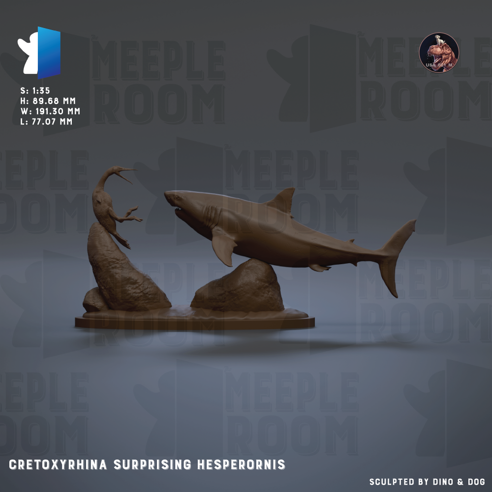 a shark sculpture with a fish sculpture on top of rocks, and the shark is shown in a dynamic pose.