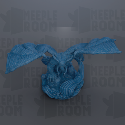 A blue dragon statue with outstretched wings is displayed against a dark background with repeated text.