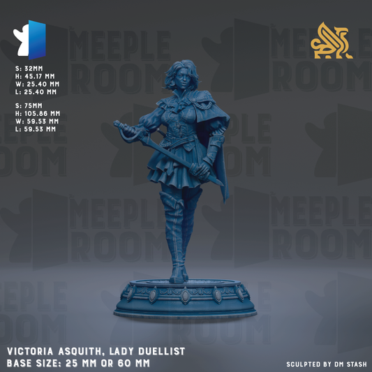 a statue of a woman, specifically Victoria Asquith, the Lady Duellist, standing on a pedestal. The statue is depicted in a blue color, and the base size is either 25mm or 60mm. The image is a technical rendering of the statue, and it does not contain any text or additional visual elements.