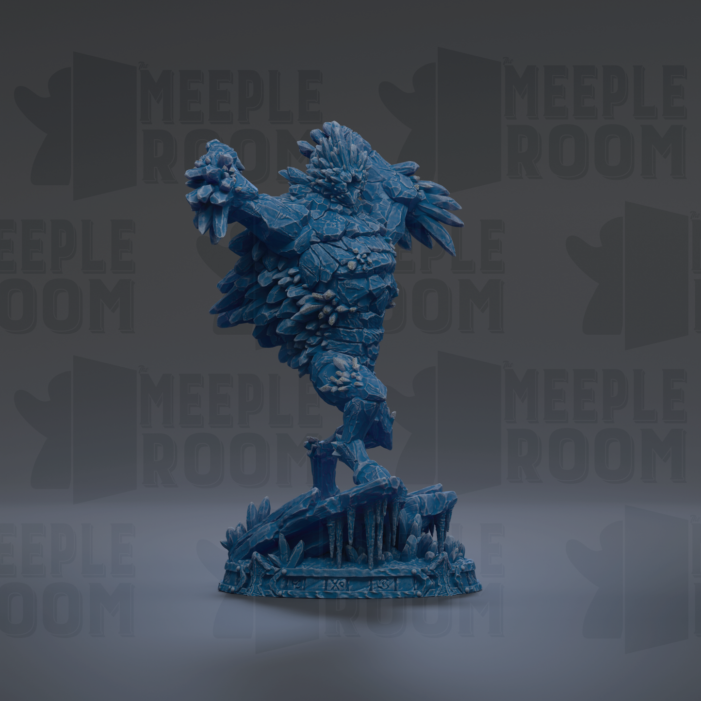 A blue, abstract sculpture with a stylized, winged figure stands against a dark background with repeated "MEPLE ROOM" text.