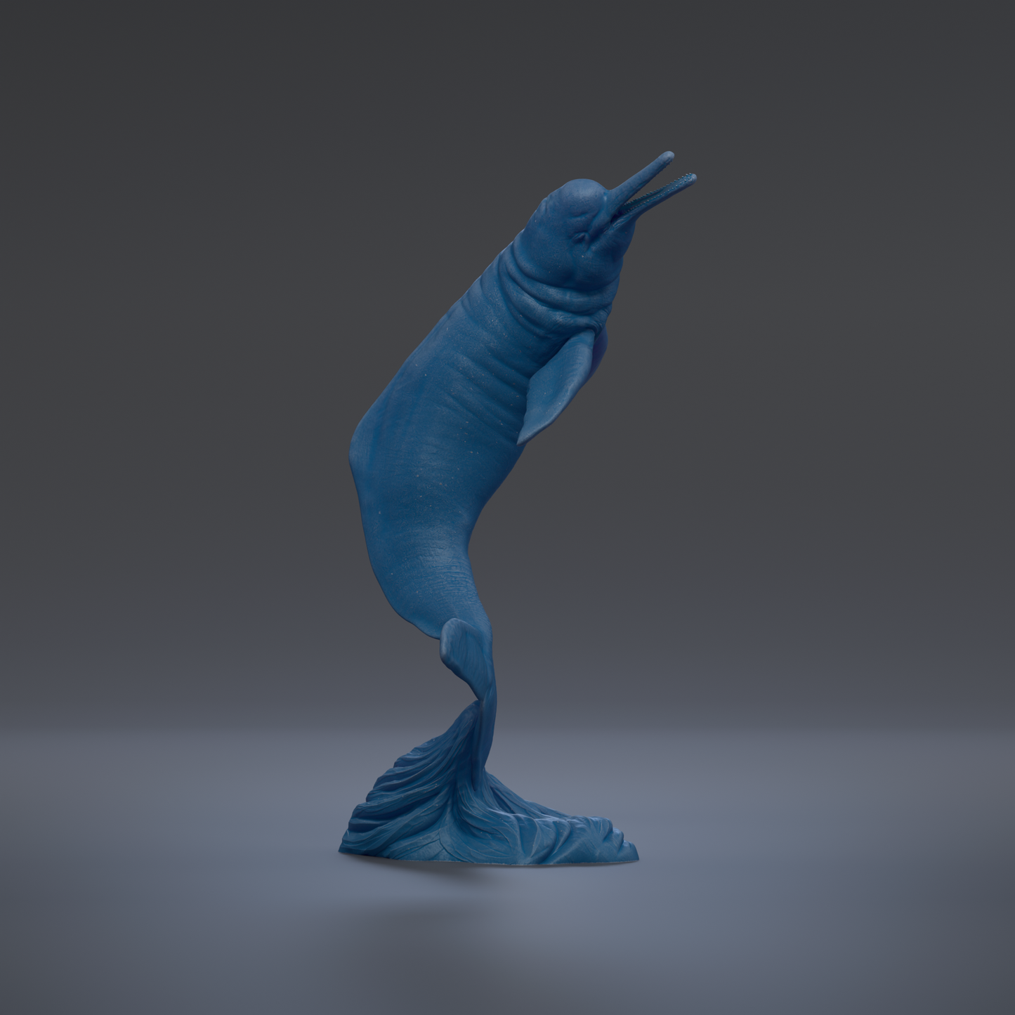 A blue, 3D-rendered fish sculpture is shown against a dark background.