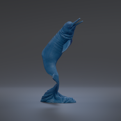 A blue, 3D-rendered fish sculpture is shown against a dark background.