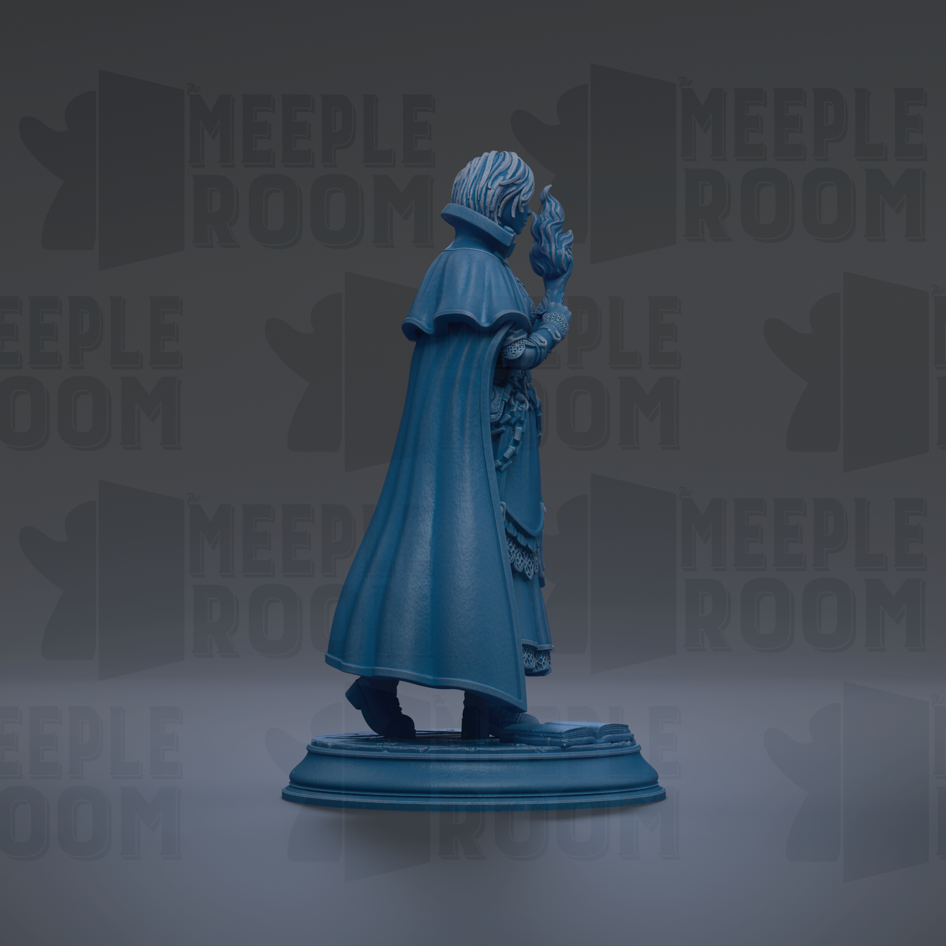 A blue figurine of a person standing on a pedestal, wearing a cape and holding a staff.