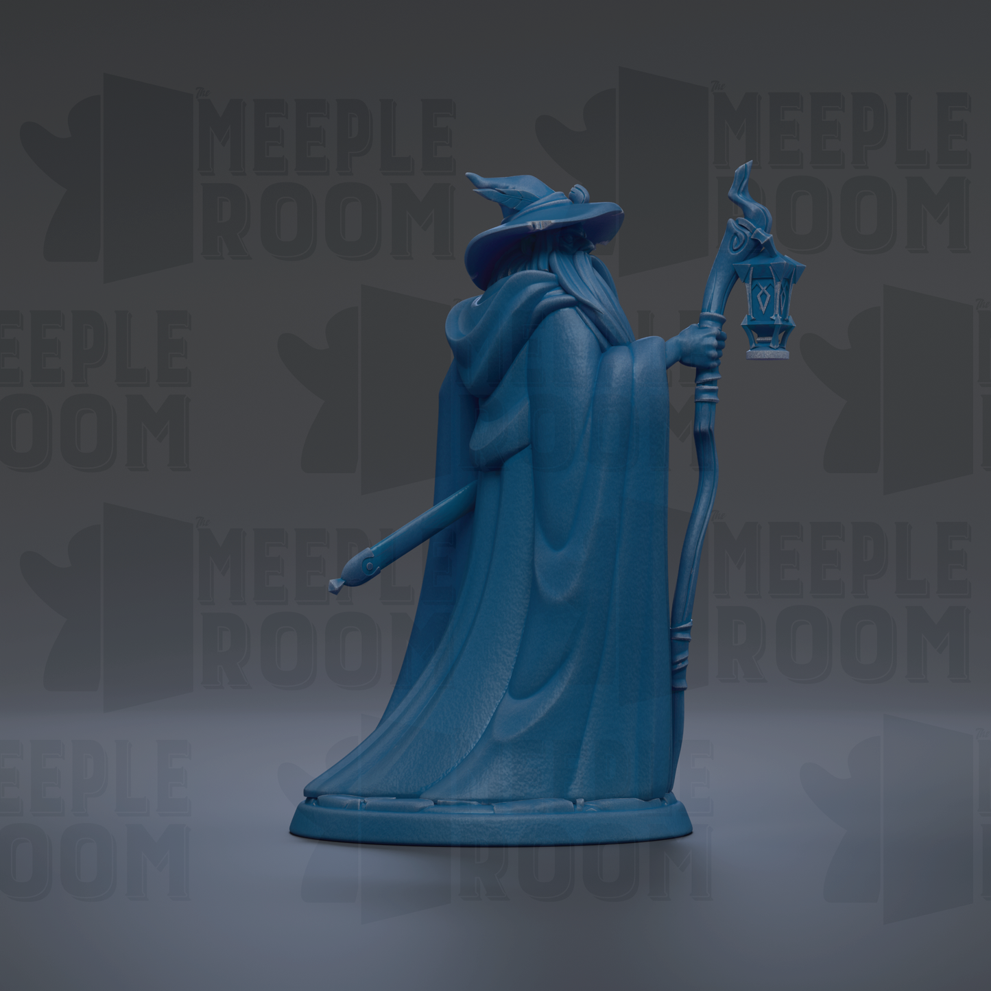 A blue figurine of a wizard or magical figure holding a lantern and a staff, standing against a dark background with repeated text.