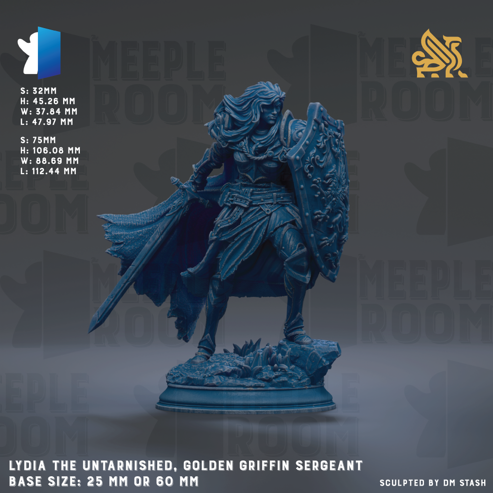 a female warrior figure, specifically a Golden Griffin, standing in a defensive stance with a shield and sword. The warrior is wearing a flowing cape and has a determined expression on her face. The base size of the figurine is 25mm or 60mm.