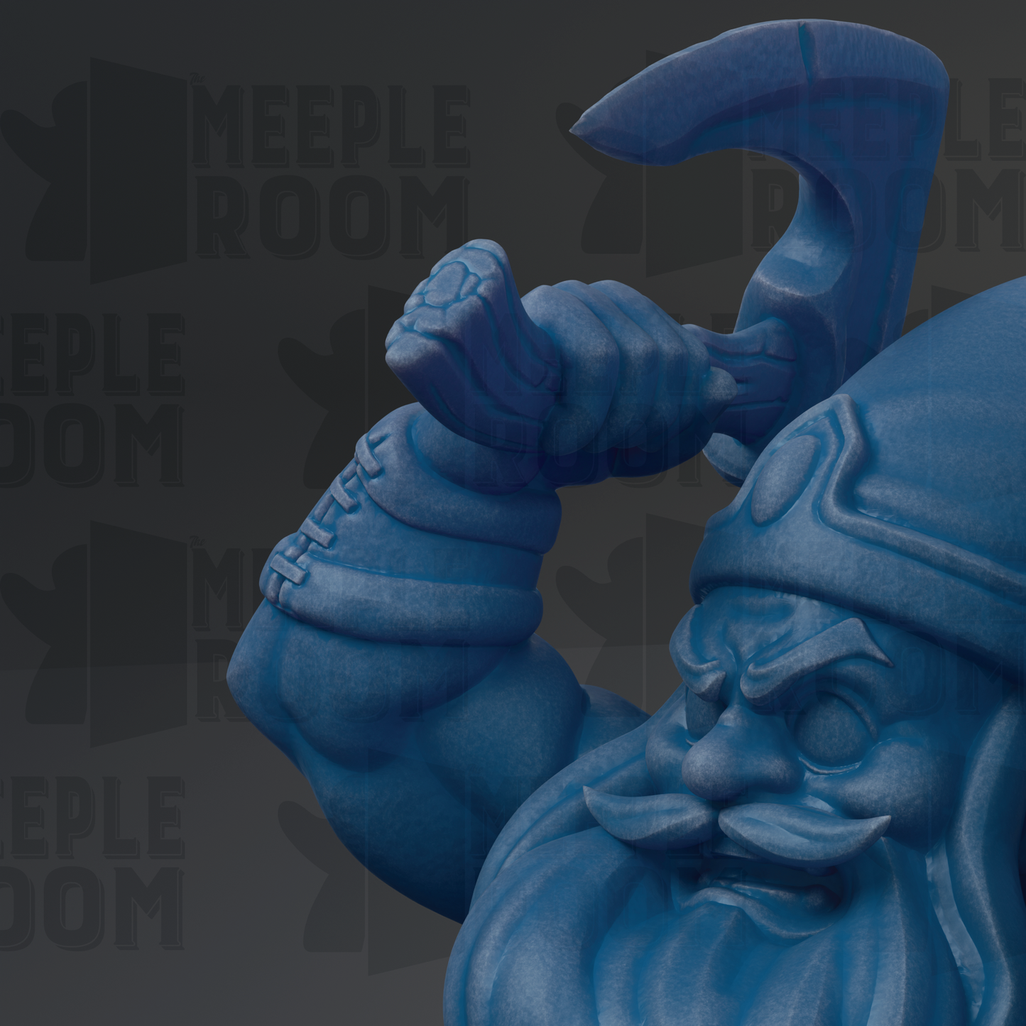 A blue, cartoonish statue of a bearded, horned figure holding a large, curved weapon.