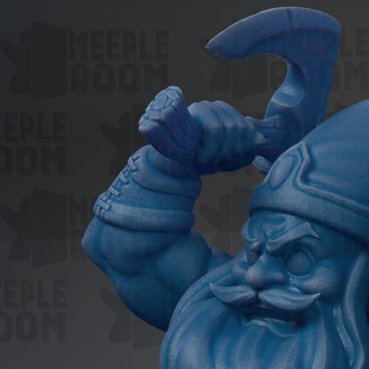 A blue, cartoonish statue of a bearded, horned figure holding a large, curved weapon.