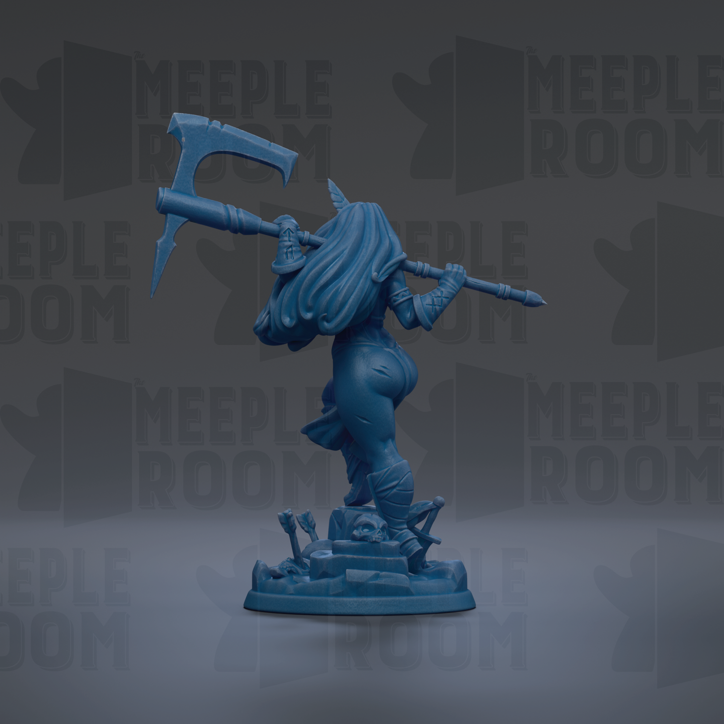 A blue figurine of a female warrior wielding a large weapon, standing on a base with a skull and crossbones symbol.