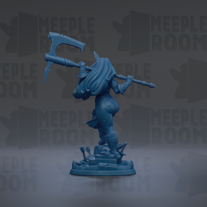 A blue figurine of a female warrior wielding a large weapon, standing on a base with a skull and crossbones symbol.