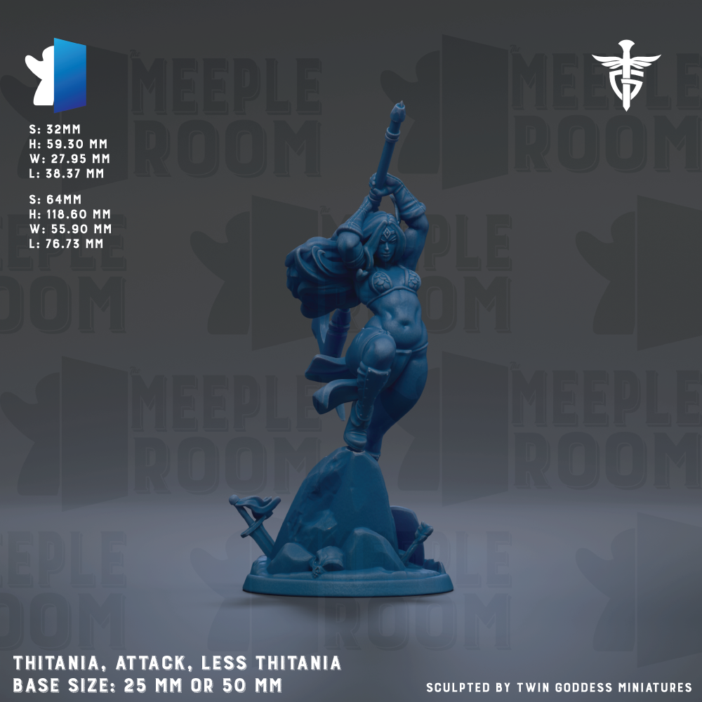 The image is a figurine of a female character, likely from a fantasy or science fiction setting. The figurine is described as having a blue color and is shown in a dynamic pose, with one arm raised and the other holding a weapon. The figurine is set against a dark background, and the image includes text providing information about the figurine, such as its size and base material.